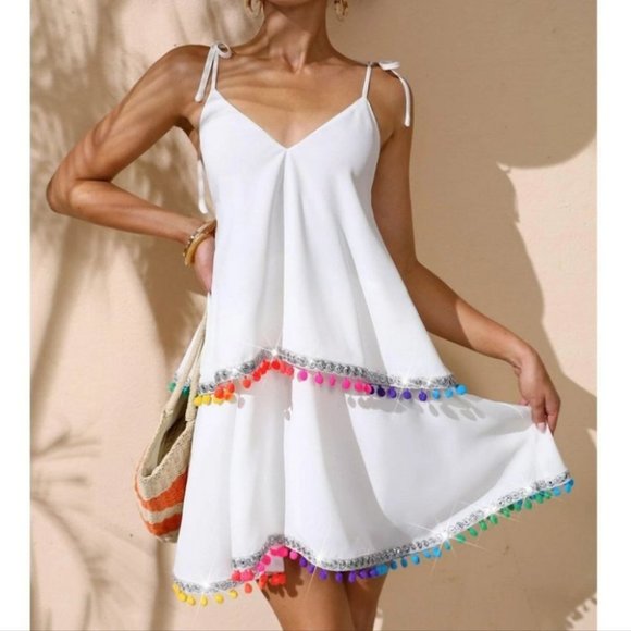 . Dresses & Skirts - Boho Tie Shoulder Pom Pom Cami Mini Dress White